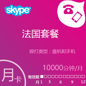 点击购买Skype法国套餐10000分钟包月充值卡